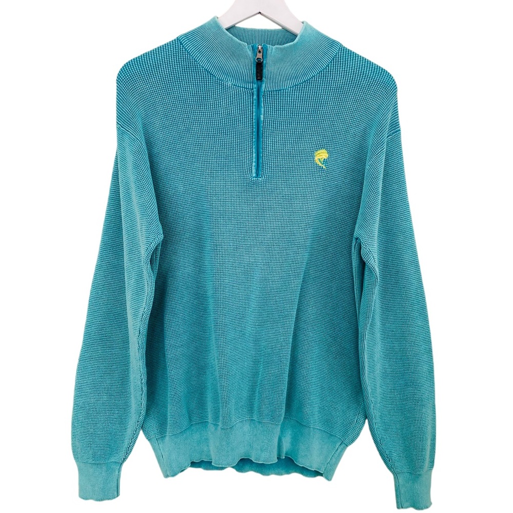 Cool Fish Collection Men’s Teal Blue Waffle Knit Style Partial Zip Sweater Large